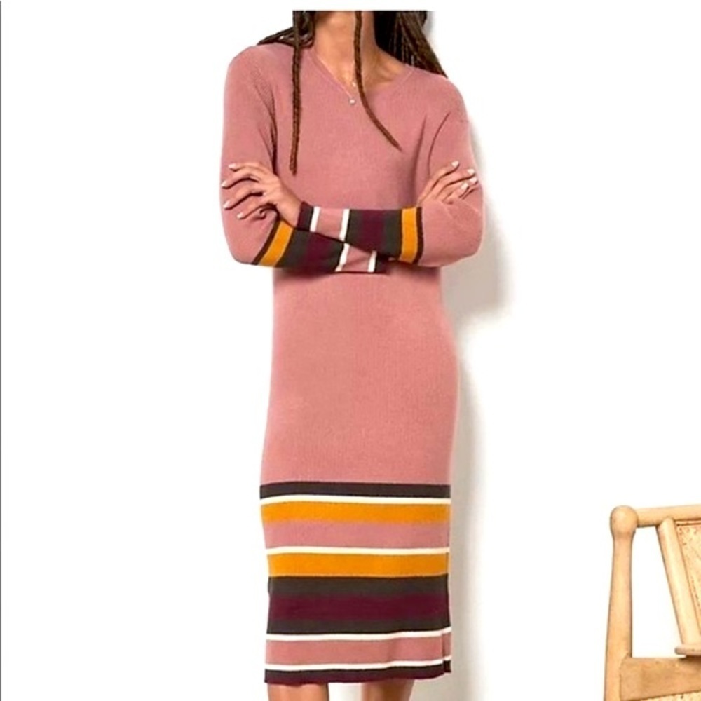 Anthropologie Parvati Midi Knit Sweater Dress Rose Pink Striped Large - Picture 1 of 14